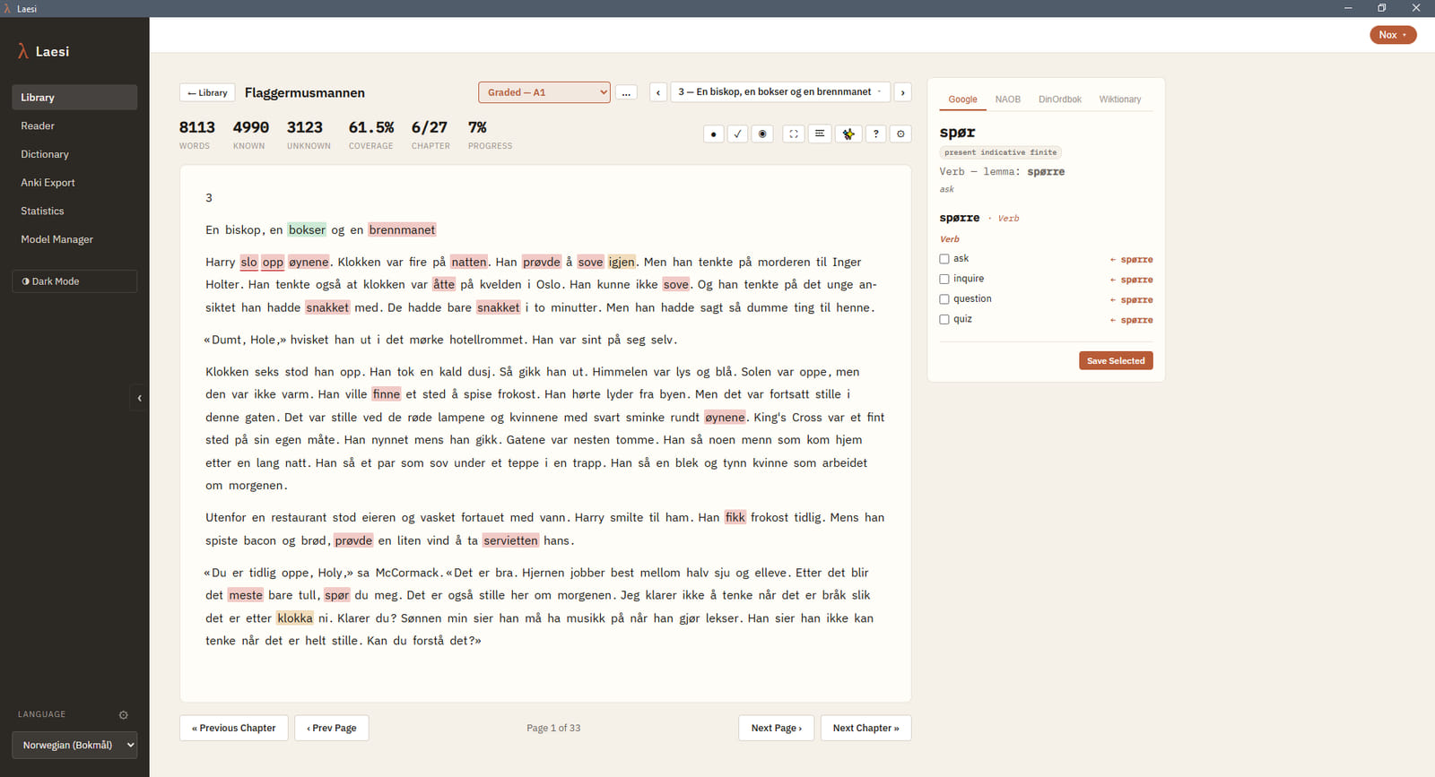 AI graded reader: Read the chapter rewritten to a CEFR level or to your own vocabulary, chosen from the toolbar. Coverage and stats follow the graded text, so you can see it get easier.
