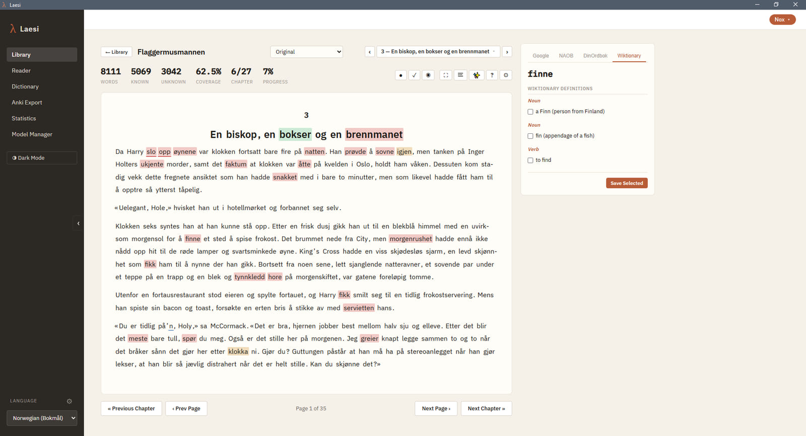 AI graded reader: Read the chapter rewritten to a CEFR level or to your own vocabulary, chosen from the toolbar. Coverage and stats follow the graded text, so you can see it get easier.