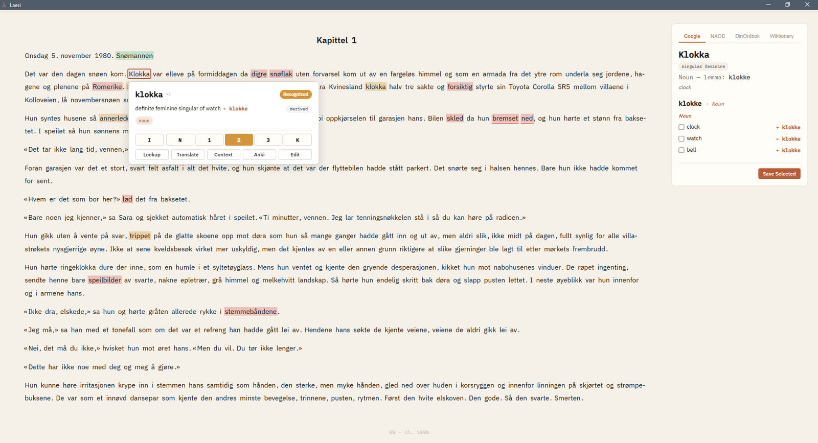Immersive reader: The app furniture gets out of the way and the text runs full width, in one column or two, light or dark. Clicking a word opens a card in place instead of sending you elsewhere.