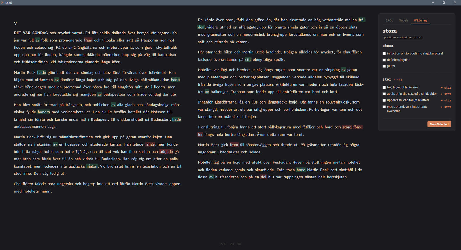 Immersive reader: The app furniture gets out of the way and the text runs full width, in one column or two, light or dark. Clicking a word opens a card in place instead of sending you elsewhere.