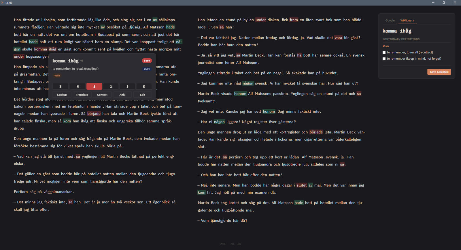 Immersive reader: The app furniture gets out of the way and the text runs full width, in one column or two, light or dark. Clicking a word opens a card in place instead of sending you elsewhere.