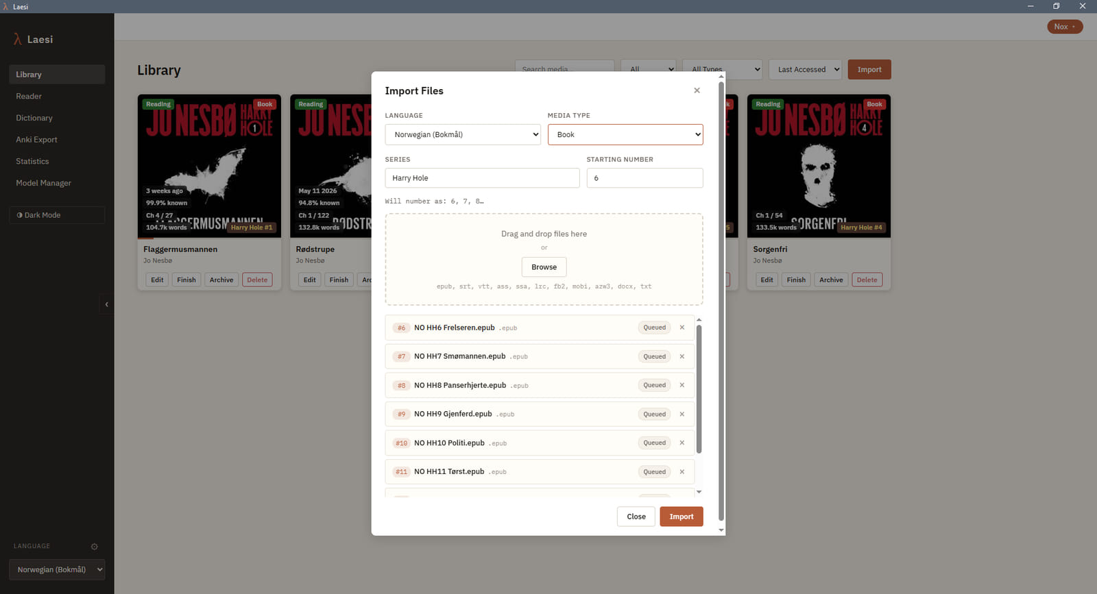 Import: Drop in a stack of files, set the language and series once, and Laesi numbers them in order. EPUB, MOBI, AZW3, FB2, DOCX, and TXT for books; SRT, VTT, ASS, SSA, and LRC for subtitles and lyrics.