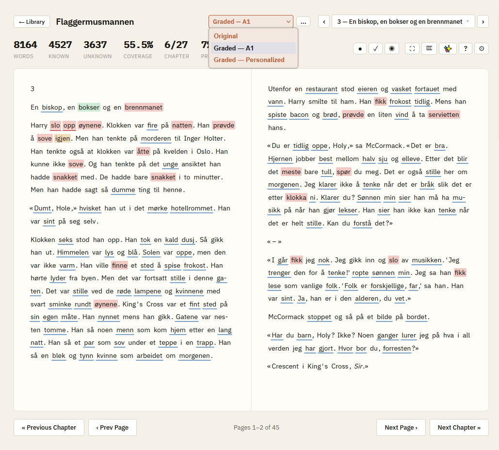 AI graded reader — A chapter rewritten to your vocabulary or a CEFR level.