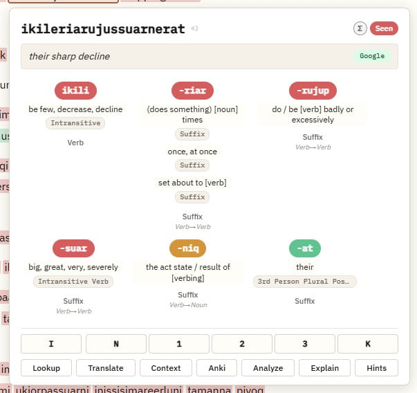 Morpheme breakdown: Kalaallisut builds a sentence into a single word. Laesi takes one apart, glosses every piece, shows the part of speech each suffix shifts the word into, and tracks them separately.