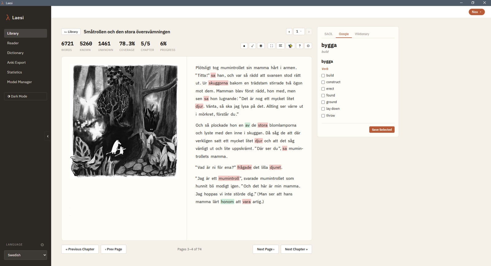 Standard reader: Paged reading with the book's own illustrations left in place. Every word carries the level you gave it, and the panel on the right stacks the dictionaries for that language: SAOL, Google, and Wiktionary here.