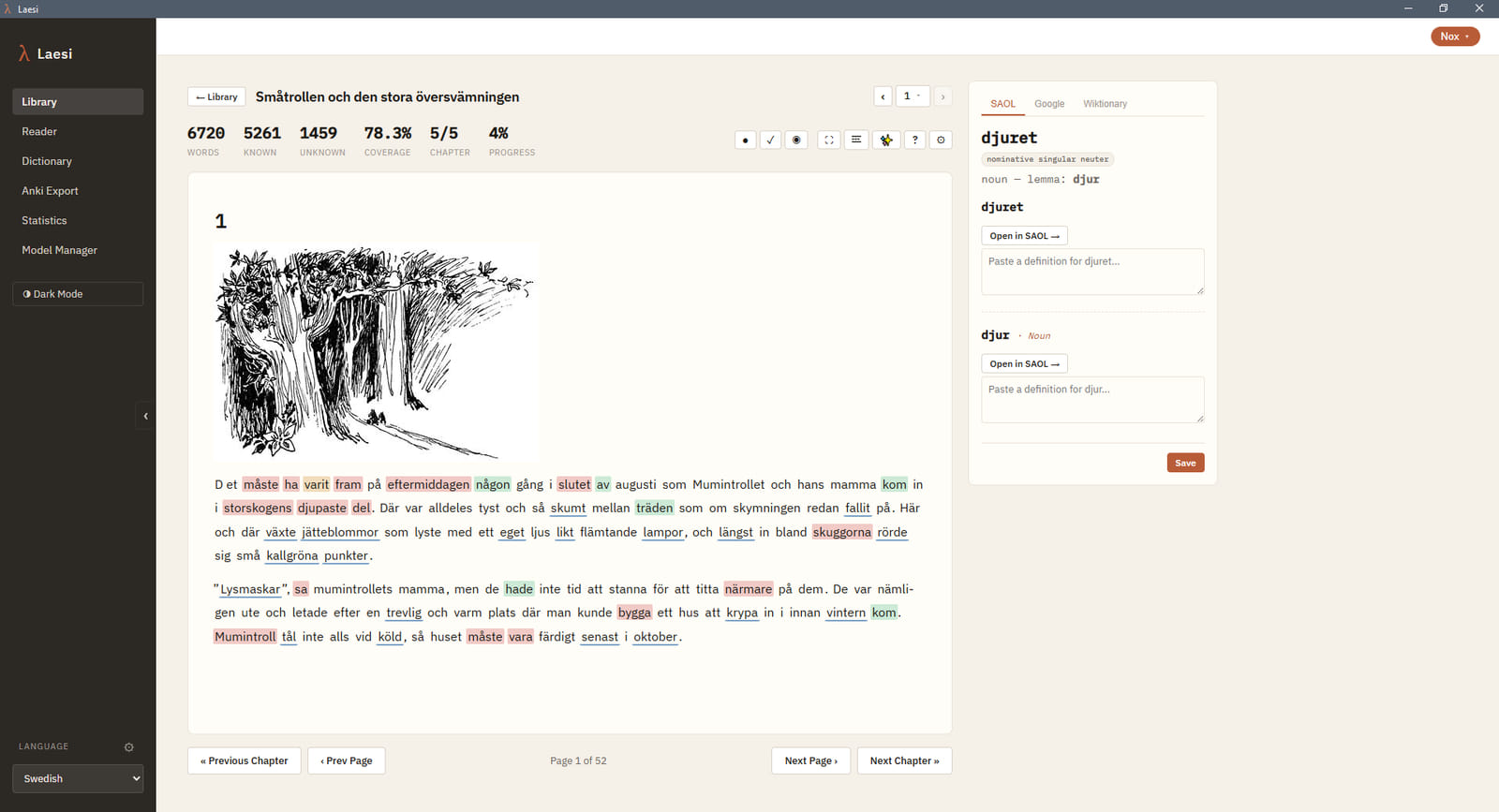Standard reader: Paged reading with the book's own illustrations left in place. Every word carries the level you gave it, and the panel on the right stacks the dictionaries for that language: SAOL, Google, and Wiktionary here.