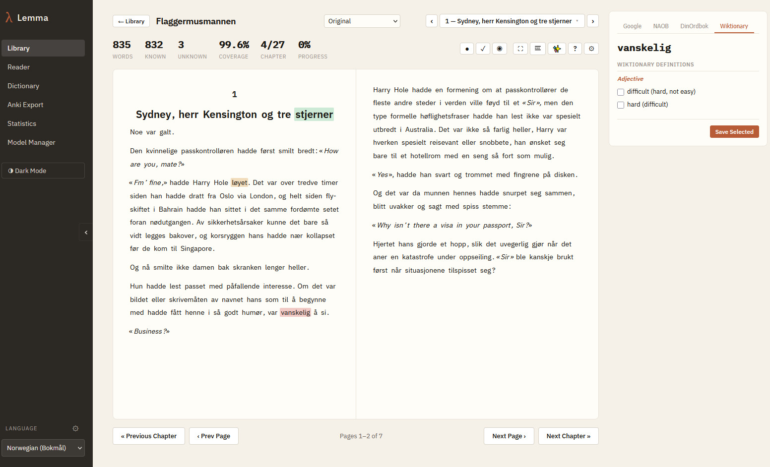 Standard reader — Every word highlighted by how well you know it.